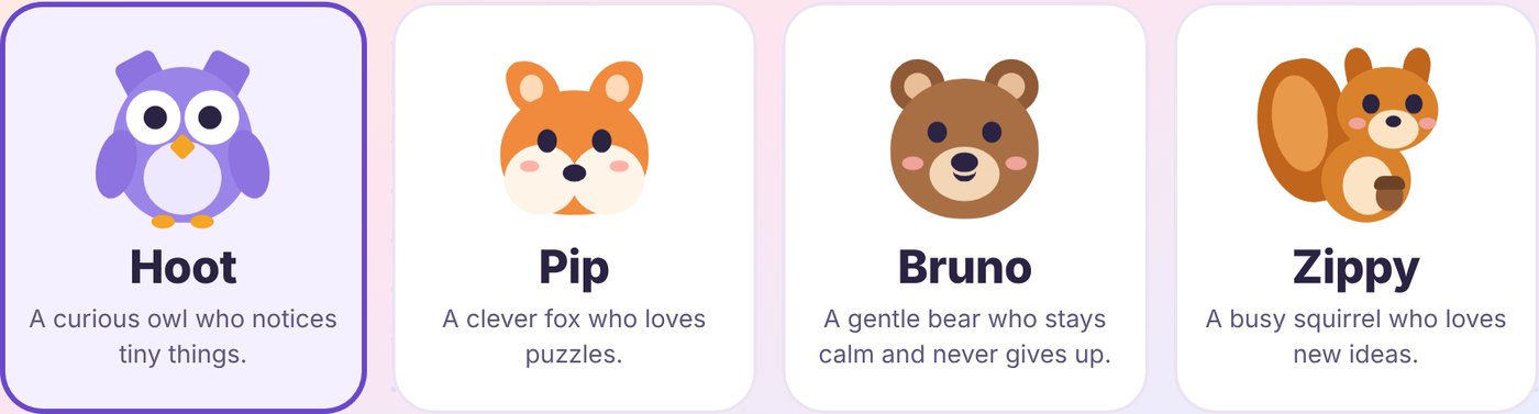 The four guides: Hoot the owl, Pip the fox, Bruno the bear and Zippy the squirrel